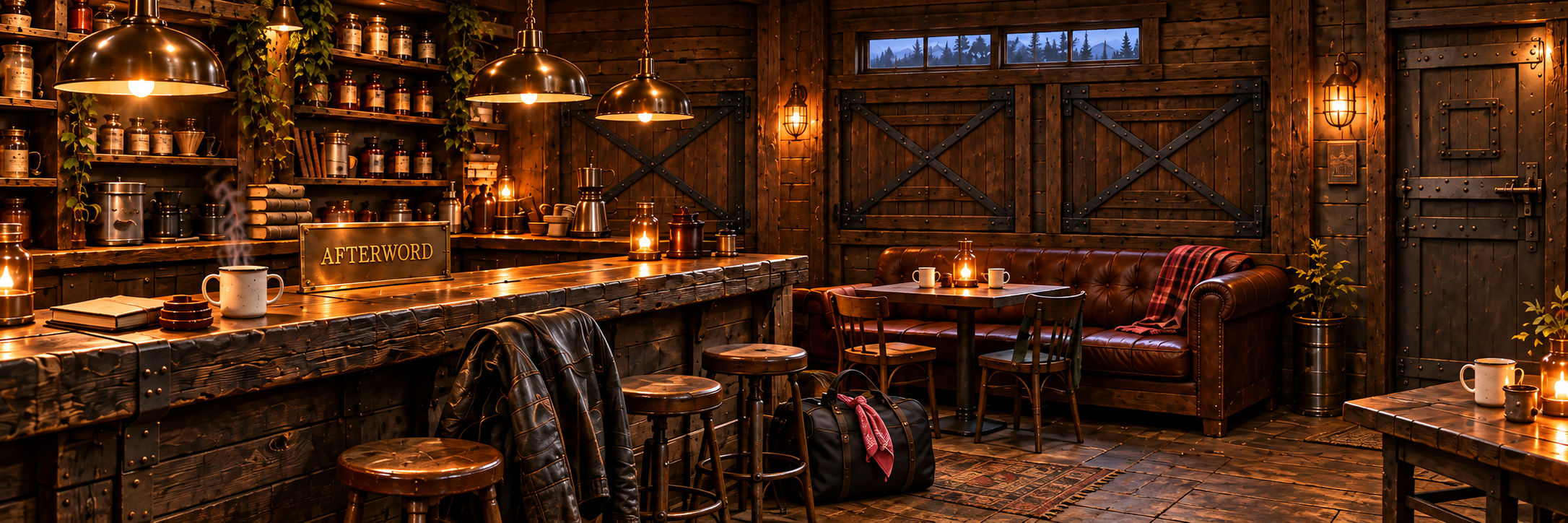 Inside Afterword: a warmly lit timber bar, apothecary shelves, worn leather seating and reinforced shutters.